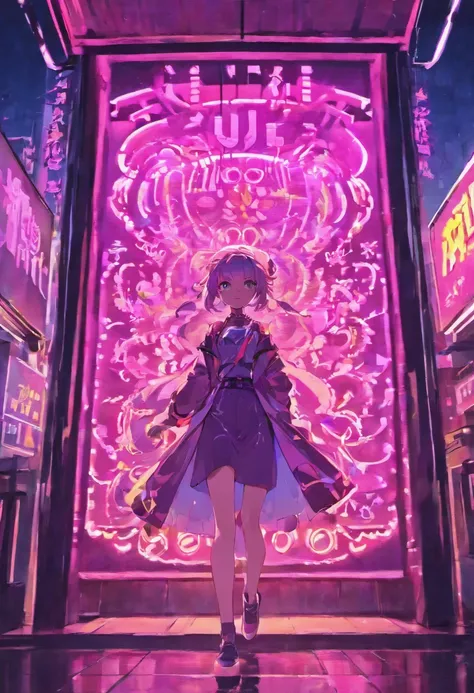 (best quality), (superior quality), a woman is in the air above a neon neon sign, in the style of cyberpunk manga, purple and black, hikari shimoda, limited color palette, genderless, rtx on