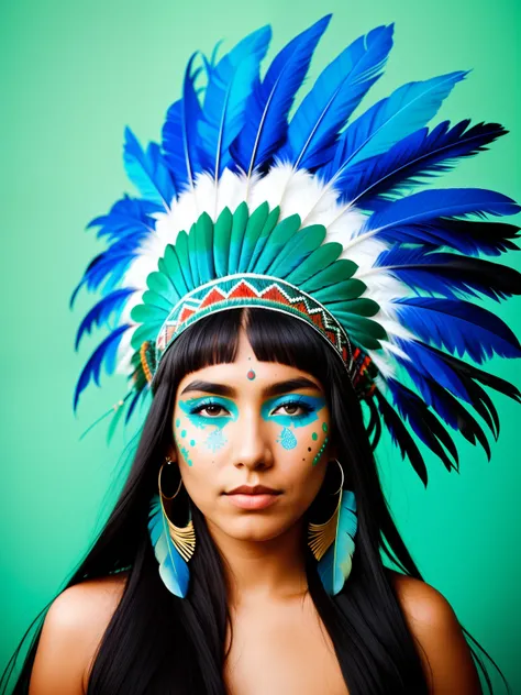 Indigenous woman, headdress green and blue feathers, green and blue colour splash on her face