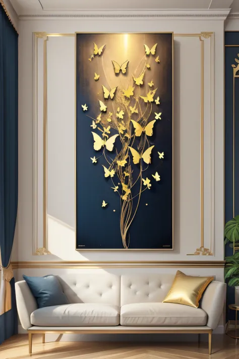 Wall art golden butterfly print on canvas Wall art gold and navy print modern living room decoration contemporary art