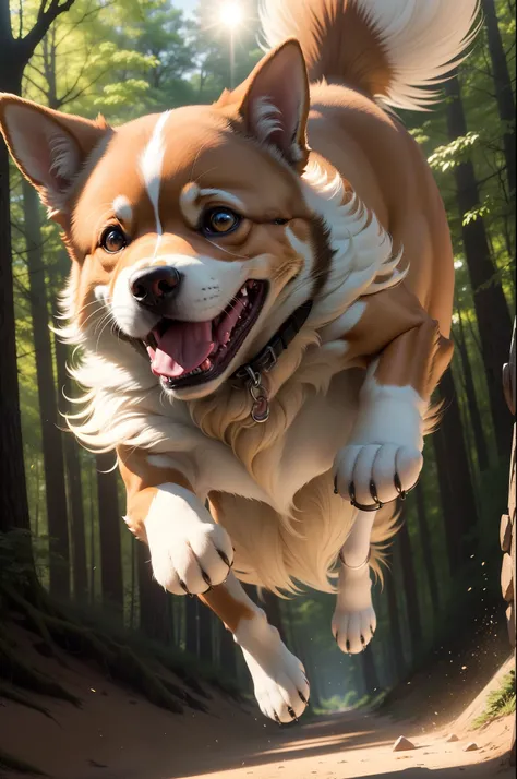 Close up portrait of dog running in forest with sun shining, happy dog, ( Dog ) jumps from mountain, ( Dog ) jumps over hill, Cute dog, high-quality wallpaper, jumping towards viewer, dog jumps over hill, leaping towards viewer, imagem hiperrealista, high-...