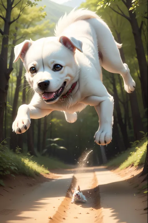 Close up portrait of dog running in forest with sun shining, happy dog, ( Dog ) jumps from mountain, ( Dog ) jumps over hill, Cute dog, high-quality wallpaper, jumping towards viewer, dog jumps over hill, leaping towards viewer, imagem hiperrealista, high-...