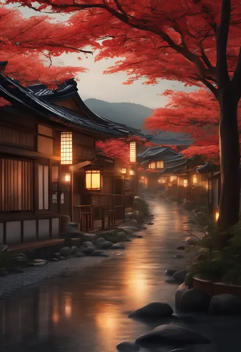 Japan village scene during the night with no people , clean white background, professional vector, full shot, 8K resolution, deep impression illustration