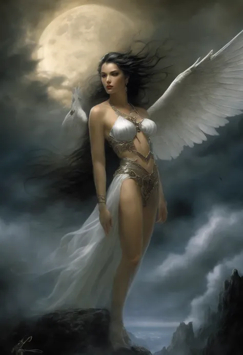 ((best quality)), ((masterpiece)), (detailed), alluring succubus, ethereal beauty, perched on a cloud, (fantasy illustration:1.3), enchanting gaze, captivating pose, delicate wings, otherworldly charm, mystical sky, (Luis Royo:1.2), (Yoshitaka Amano:1.1), ...