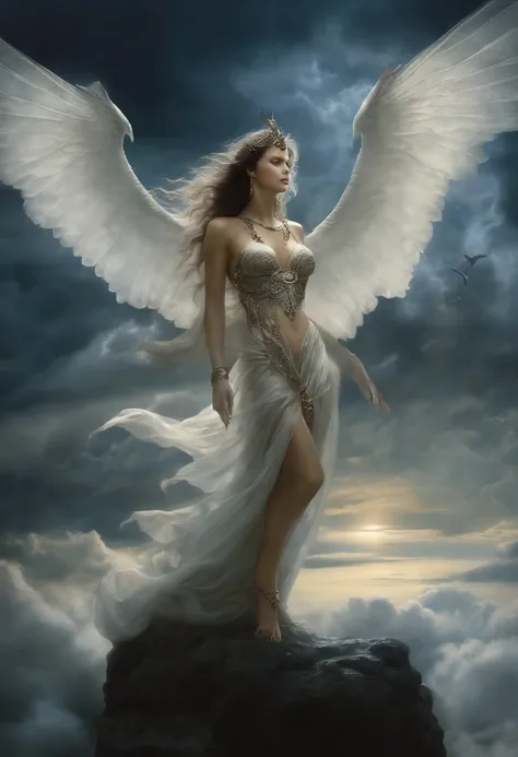 ((best quality)), ((masterpiece)), (detailed), alluring succubus, ethereal beauty, perched on a cloud, (fantasy illustration:1.3), enchanting gaze, captivating pose, delicate wings, otherworldly charm, mystical sky, (Luis Royo:1.2), (Yoshitaka Amano:1.1), ...