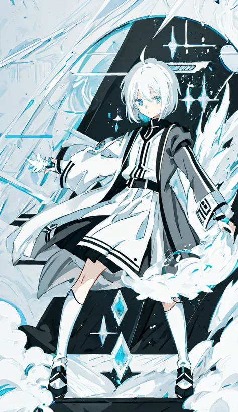 White-haired, blue-eyed teenager，Shota，short detailed hair，Dressed in black and white, full bodyesbian,Three View， anime moe art style, Cute anime visuals，Q version， Moe anime， clean and meticulous anime style, detailed anime character art, Anime style ill...