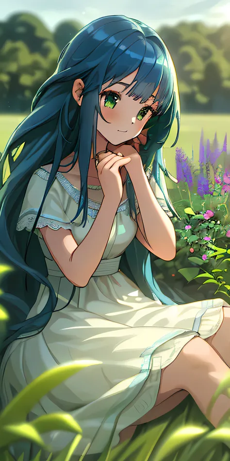 (masterpiece, best quality),1girl with long blue hair sitting in a field of green plants and flowers, her hand under her chin, warm lighting, white dress, blurry foreground