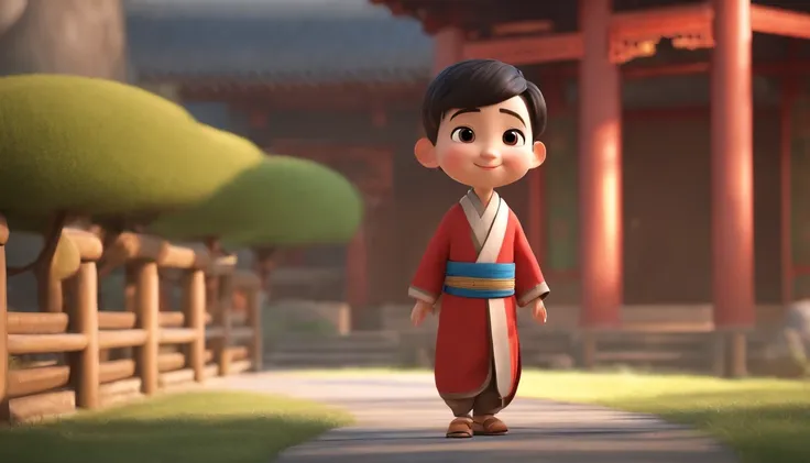 A happy and cute boy stood，short detailed hair, wearing a hanfu,Carrying a school bag , Wear Chinese shoes，Full body image display，white backgrounid, Gamine, Toon, pixar-style, 。.3D, cartoony, Detal Face, Asymmetric 16K