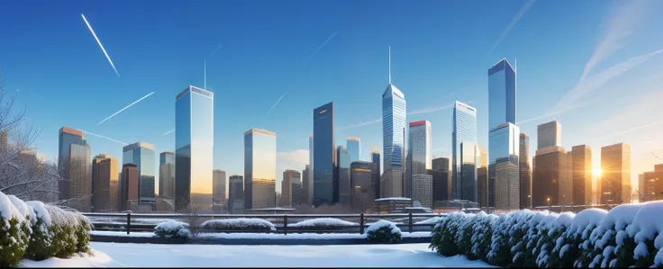 Scenery, Skyscrapers , Garden , floating Snow , Winter , Wind , Cloud , Blue sky , evening , shooting stars in the sky , Sun , Breeze