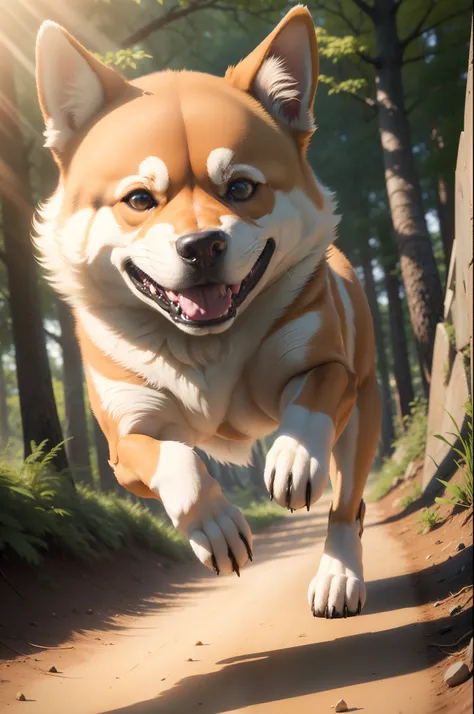 Close up portrait of dog running in forest with sun shining, happy dog, ( Dog ) jumps from mountain, ( Dog ) jumps over hill, Cute dog, high-quality wallpaper, jumping towards viewer, dog jumps over hill, leaping towards viewer, imagem hiperrealista, high-...