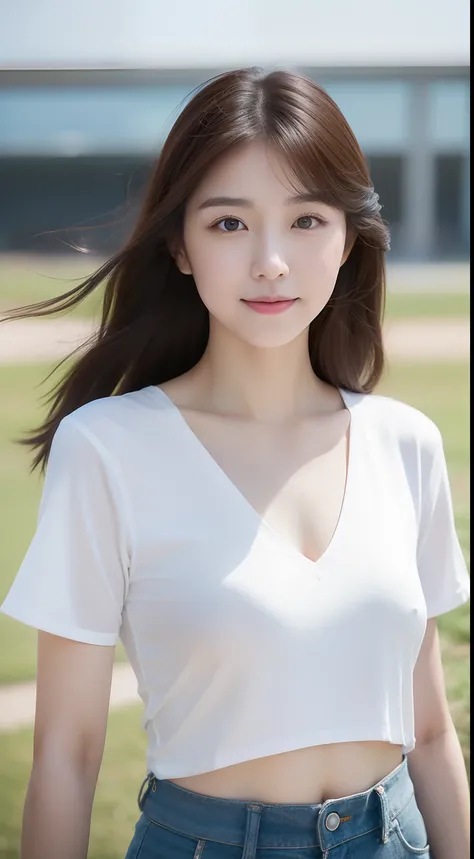 Realistic photos of 1 cute Korean actress, straight hair, I flew., White skin, thin makeup, Bust size 32 inches, slight smile, Wear a shirt with a waistband., The university is the backdrop., upper body image, Color like Ghibli, UHD