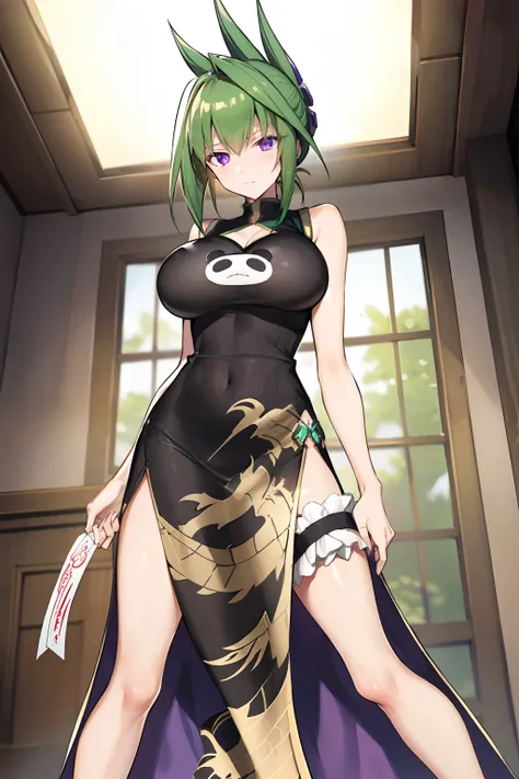 masutepiece, Best Quality, Ultra Detail, Dress, Solo, Long hair, breasts, Purple eyes, elbow groves, Large breasts, Crawling, Long legs, ember_jun, Green hair, Standing picture、slit、cleavage cut out, I have a bill、