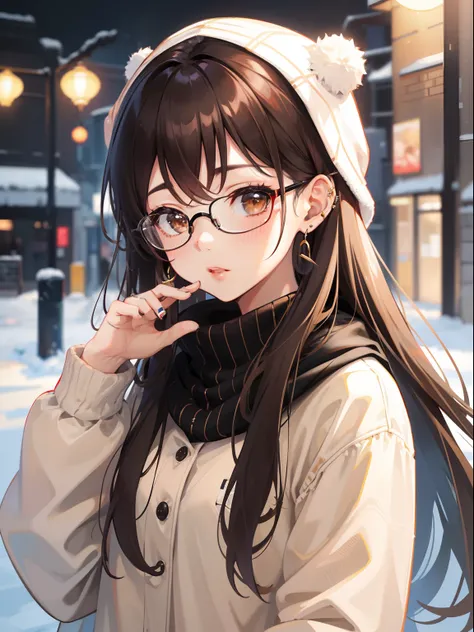 1人の女性、brown haired(Curta)、Brown eyes、Black-rimmed glasses、Ring piercing of the earlobe、Winter scene