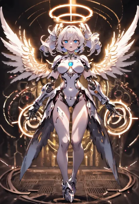 (Full body shot:1.4),(Wide Angle Shot), (long shot: 1.3), (Intricate details:1.4), (Masterpiece) , ((Anime Robot, Beautiful White Skin Golem, Angel, 1girl, Magic)), (Perfect Aesthetic Eyes:1.3) , (Detailed Eyes) , (Halo) , (Elden ring:1.4), (Wings:1.3), Gl...