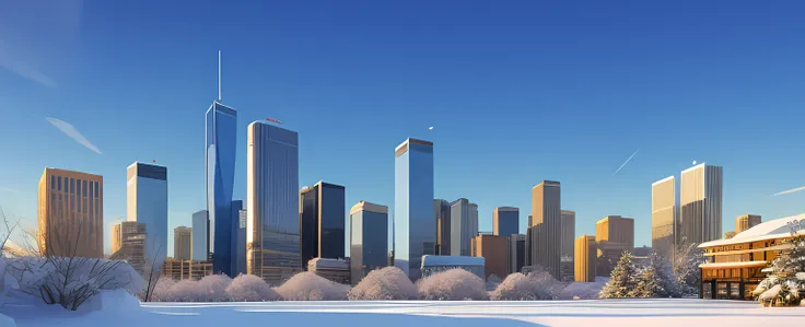 Scenery, Skyscrapers , Garden , floating Snow , Winter , Wind , Cloud , Blue sky , evening , shooting stars in the sky , Sun , Breeze