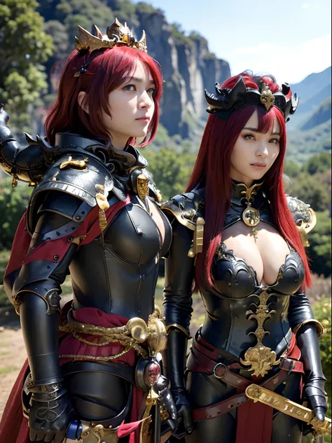 (masutepiece), Professional , ​masterpiece、top-quality、photos realistic , depth of fields 、（Dragon Black Metal Body:1.4),(Matte Black、（cleavage of the breast）、Dragon Gold Weapon（Gold Dragon Metal Body:1.４),Gorgeous gold weapons ,（demonic wings）、Fight again...