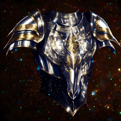 um close up de uma armadura preta e prateada em um fundo iluminado por luzes magicas, ornate gothic armor, armadura bonita, arma...