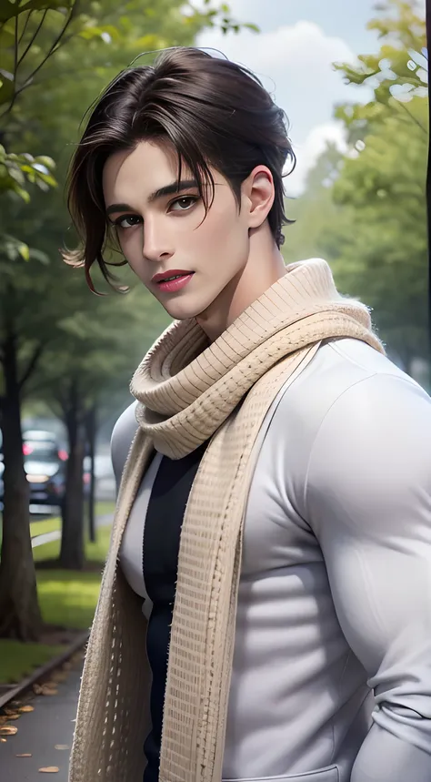 ((men only)), (head shot), (look straight ahead), (having a white knit scarf wrapped around his neck), ((pietro boselli)), (hand...