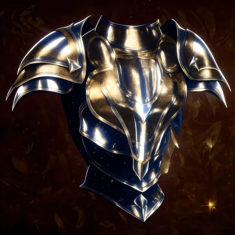 um close up de uma armadura preta e prateada em um fundo iluminado por luzes magicas, ornate gothic armor, armadura bonita, arma...