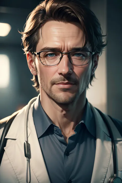 photorealistic, a handsome portrait of a doctor man with his glasses looking at the camera. 8k, high lighting. high resolution.