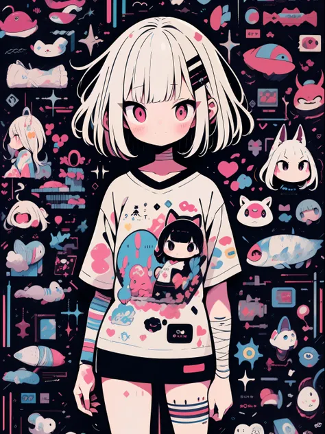 hightquality、neon color palette、high-level image quality、Kawaii Girl、Unprecedented amount of drawing、anime styled、Geometric pattern background、sticker style、short hair、dark hair、brown eyes, messy hair, menhera, bandages, loose clothing, baggy t-shirt, self...