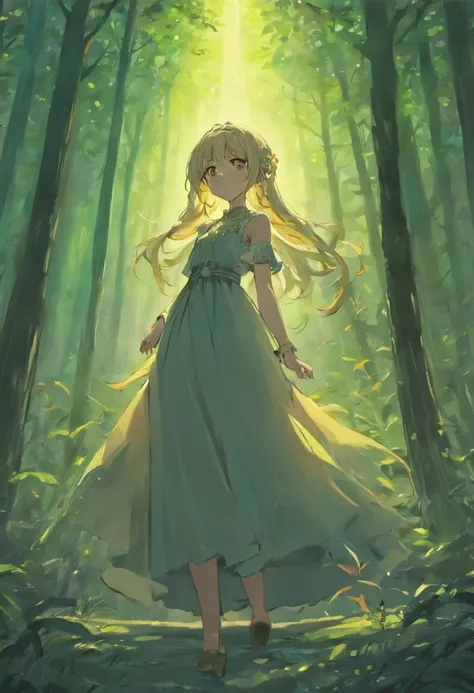 (Masterpiece, Best quality: 1.2), A girl in a long dress standing in the forest, with glowing red eyes, Phoenix, lotuses, Red gold pink, Sunrise over the mountains in the background，Pale white hair，melancholic expression，Jasmine color dress，There are small...