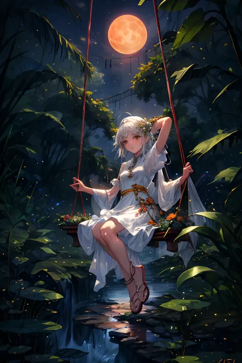 Expansive landscape photography，（The bottom view shows the sky above and the abandoned city），There are 20 abandoned cities%,A girl sits on a swing looking up，（moon full：1.2），Silver-haired girl，Leprechaun-like princess，anime goddess，The girl is a loli weari...