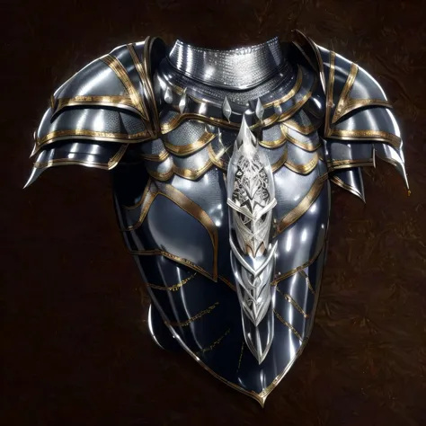 um close up de uma armadura preta e prateada em um fundo marrom, ornate gothic armor, armadura bonita, armadura de fantasia esca...