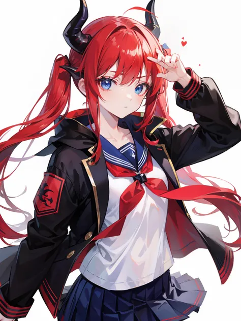 red hair, blue eyes, twintails, Sailor suit,black coat, Dragon horns,Pleated skirt,solo,bow