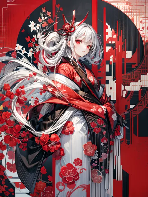 girl in kimono standing with japanese sword, white medium hair, red eyes, red lips, kimono with red cluster amaryllis pattern on...