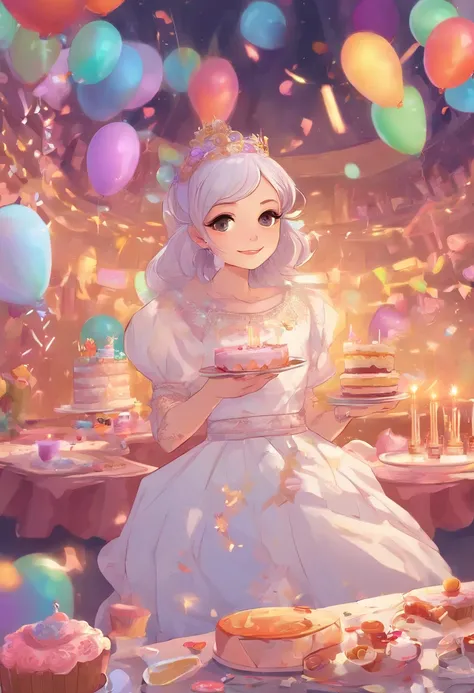 Girl in long dress with short hair is happily eating birthday cake. Hair color is blonde, And the right side is knitted. She wears a cute white dress decorated with sparkling diamonds. The place is a party venue where she is celebrating her birthday. Ballo...