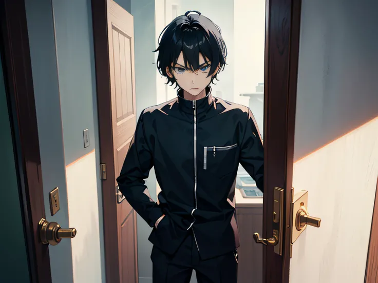 A handsome boy。Upper body face，Black color hair。blue color eyes，Standing in the doorway，The expression is cold，Angry anime illustration，A 4K ultra-clear masterpiece