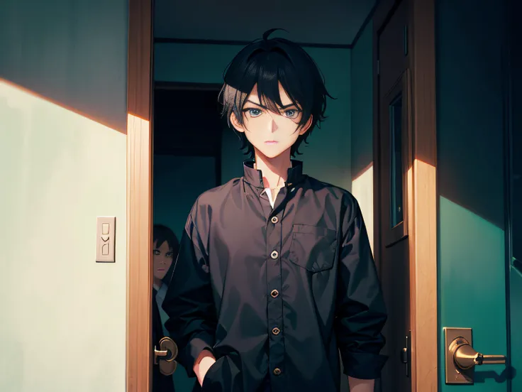 A handsome boy。Upper body face，Black color hair。blue color eyes，Standing in the doorway，The expression is cold，Angry anime illustration，A 4K ultra-clear masterpiece