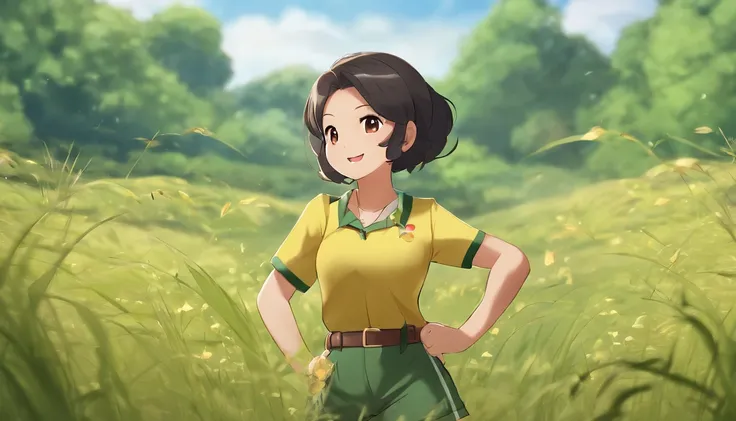 masterpiece, best quality, high resolution, serene 1, 1 girl, serene 1, 1 girl, serene (pokemon), solo, gray eyes, black hair, green shorts, red tiara, shirt, tied shirt,, short hair, short sleeves, shorts, stripes, yellow shirt, belt, middle class shootin...