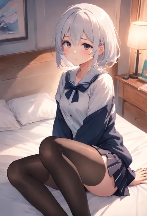 Girl black pantyhose blush white hair JK skirt shy white hair sitting on bed leg,black pantyhoses