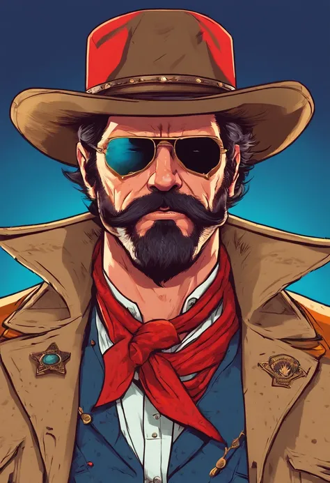 Red Dead Redemption 2 illustration style，Sheriff Curtis Malloy，Wear a Nevada hat,Khaki coat，Blue vest and white shirt,Nothing but a mustache,shaven face,sheriff badge