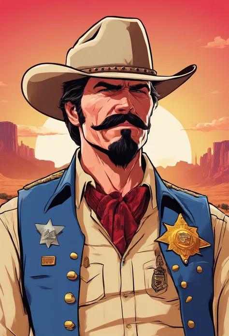 Red Dead Redemption 2 illustration style，Sheriff Curtis Malloy，Wear a Nevada hat,Khaki coat，Blue vest and white shirt,Nothing but a mustache,shaven face,sheriff badge