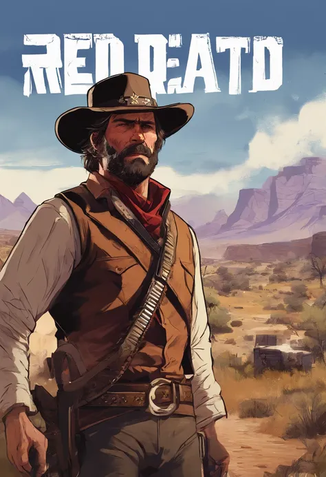 Red Dead Redemption 2 illustration style，Sheriff Curtis Malloy，Wear a Nevada hat,Khaki coat，Blue vest and white shirt,nothing but a mustache,clean shaven face, sheriff badge