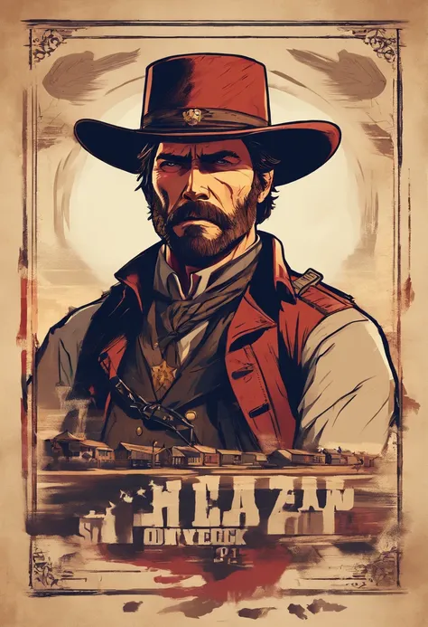 Red Dead Redemption 2 illustration style，Sheriff Curtis Malloy，Wear a Nevada hat,Khaki coat，Blue vest and white shirt,nothing but a mustache,clean shaven face, sheriff badge