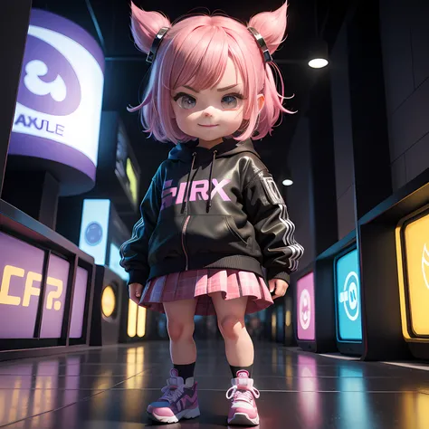 3D toy, 3d rendered, IP address, cyber punk style, Chibi, Cute little girl s, Smiled face, Angry face simple background, top-quality, C4D, blender, 3Dmodel, Toys, vivd colour, skirt by the, hight resolution, Many details, Pixar, Irridescent color, Big shoe...