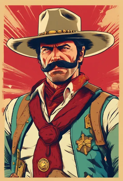 Red Dead Redemption 2 illustration style，Sheriff Curtis Malloy，Wear a Nevada hat,Khaki coat，Blue vest and white shirt,Nothing but a mustache,shaven face,sheriff badge, masterpiece, artwork, key art