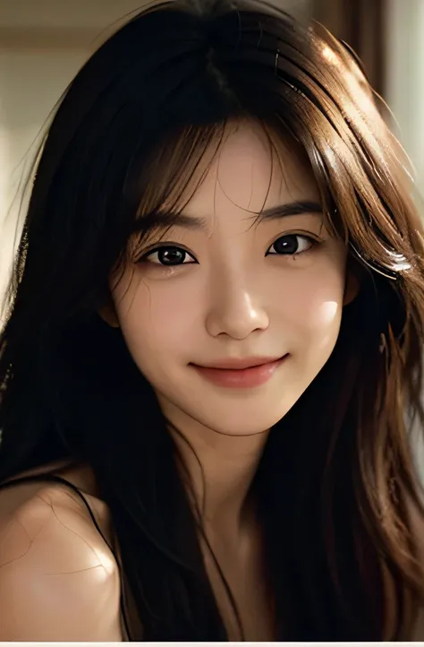 Looking at me and smiling、Film Portrait Photography、女の子1人、bare shoulders​、Wavy shoulder-length hair、calm、calm、(Realistic detailed eyes、natural skin textures、Realistic face details)、Soft and dramatic lighting、depth of fields、bokeh dof、Vivid details、Detailed...