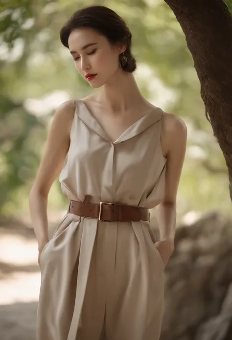 Delicate brown hair，Greige blouse、Sleeveless cotton blouse、Thin belt、One Shoulder Bag、Loose clothes made of cotton,、Slender woman、Walking、Super Detail，Anatomically correct、Ray traching，细致背景、