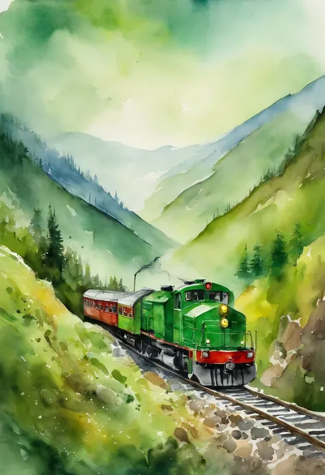 green train in mountains