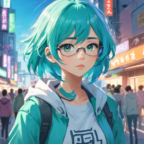 ((Best Quality)), ((Masterpiece)), ((Realistic)) and ultra-detailed photography of a 1nerdy biracial girl with shades and neon colors. She has ((turquoise hair)), wears a techwear jacket and exudes a vibe ((beautiful and aesthetic)), sexy, underboobs, hot