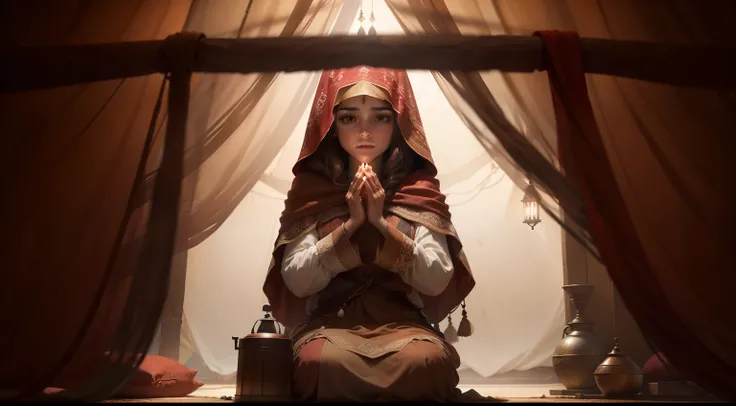 Woman with a brown tunic and a red veil over her head,  with a rug open and suspended with your hands, Backdrop The interior of a dimly lit tent