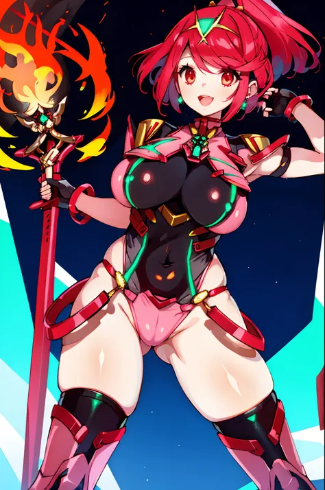 pyra (xenoblade), teen_1girl, loli, bangs, black gloves, breasts, red eyes, light_open_mouth, earrings, eyelashes, fingerless gloves, floating hair, , gem, gloves, hair ornament, headpiece, jewelry, big_breasts, leaning back, swimsuit, neon trim, official ...