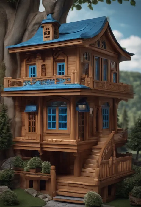 tmasterpiece，high qulity，rich details​，k hd，8K，Wooden house in the form of a camera，The wooden house is compounded with a camera，Blue-white tones，Cartoon architecture，3D stylized architecture，