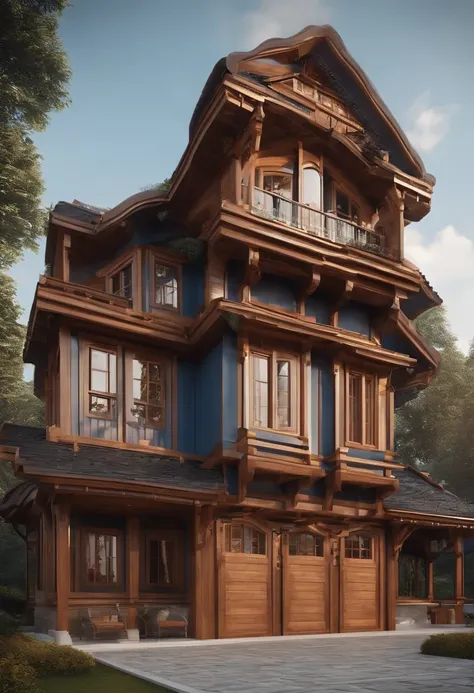 tmasterpiece，high qulity，rich details​，k hd，8K，Wooden house in the form of a camera，The wooden house is compounded with a camera，Blue-white tones，Cartoon architecture，3D stylized architecture，