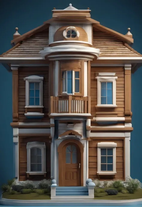 tmasterpiece，high qulity，rich details​，k hd，8K，Wooden house in the form of a camera，The wooden house is compounded with a camera，Blue-white tones，Cartoon architecture，3D stylized architecture，