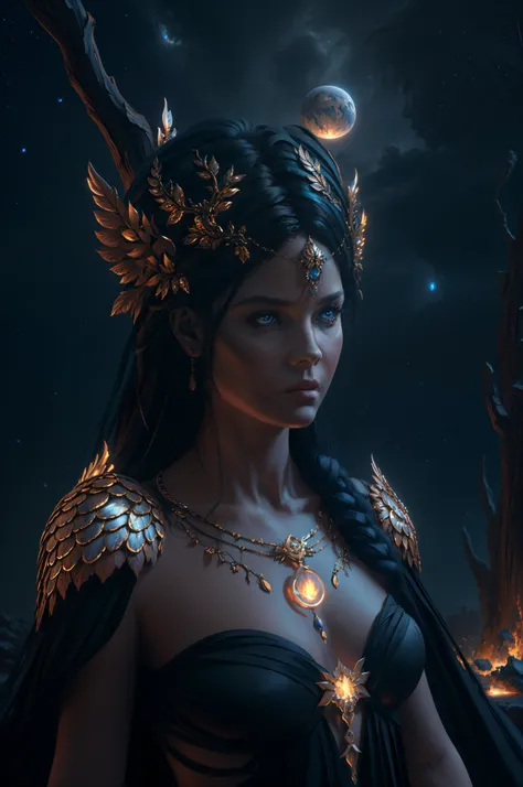 Gaea goddess , Photorealistic, Dark celestial Background, Oil Painting By Greg Rutkowski, Unreal Engine, Intricate, 8k, Epic Composition